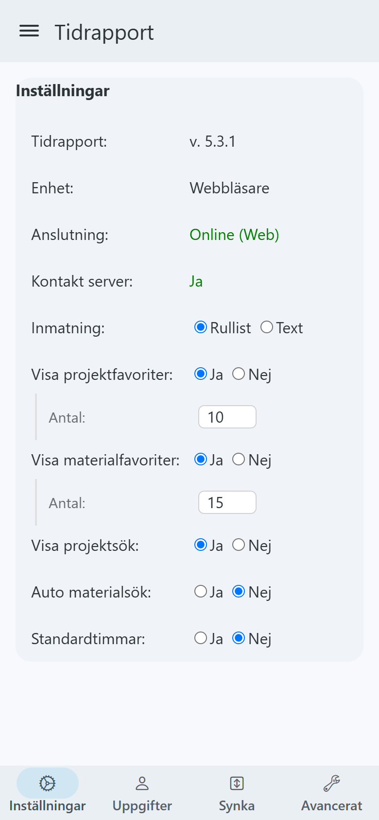 Fliken Inställningar