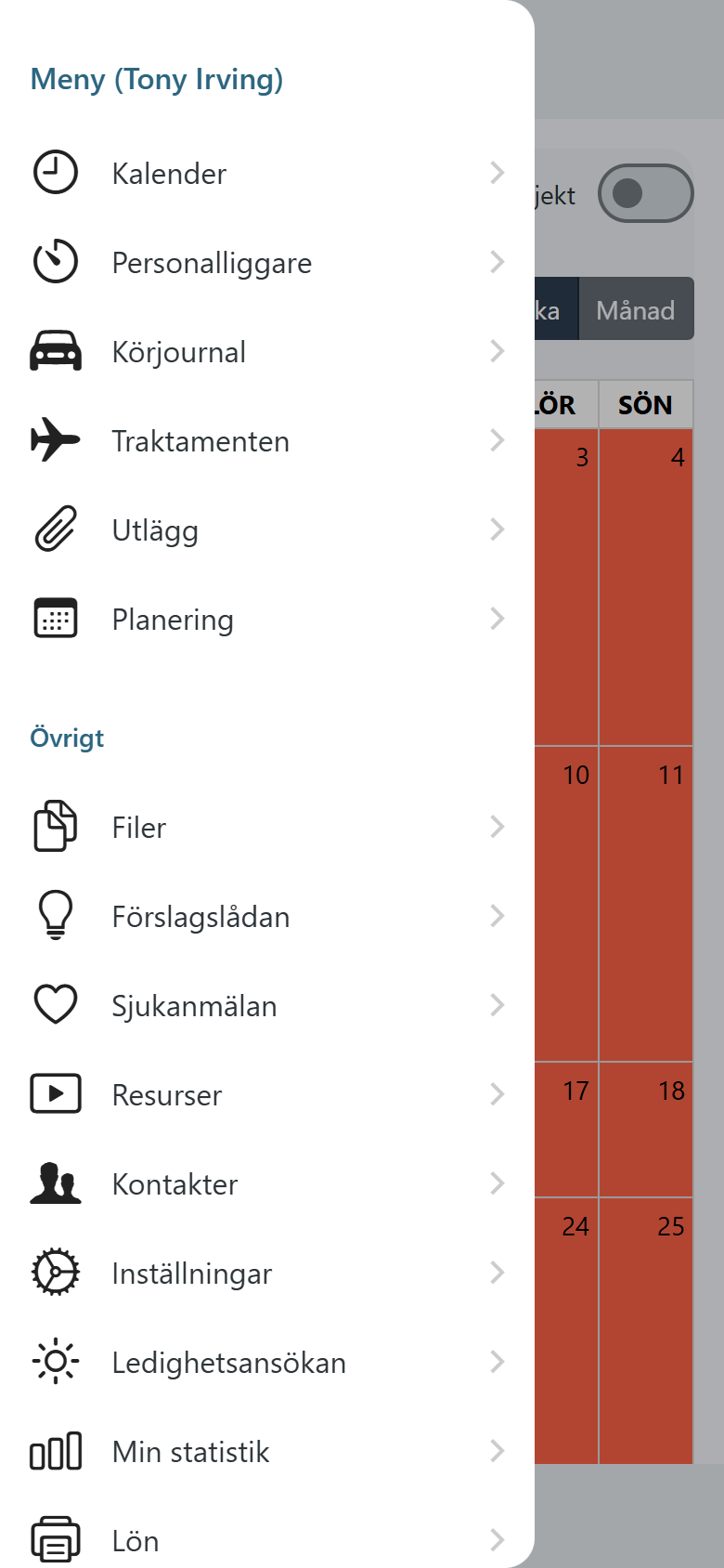 Menyn i appen