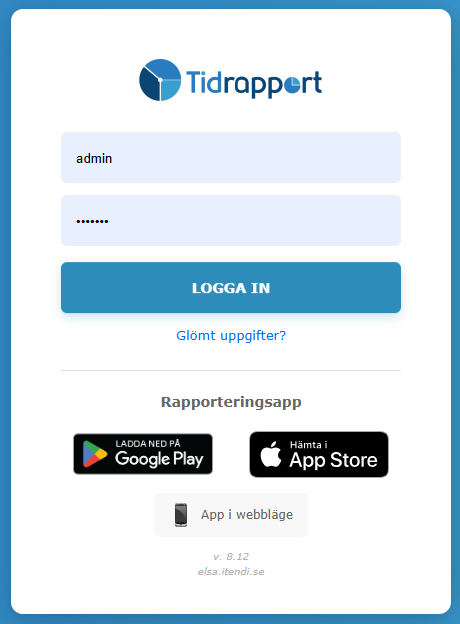 Inloggningssidan i Tidrapport.nu